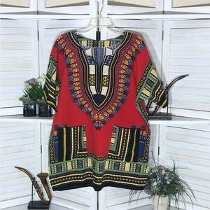 Vintage 70s Batik Paisley Tunic Red Black Green Cotton Large